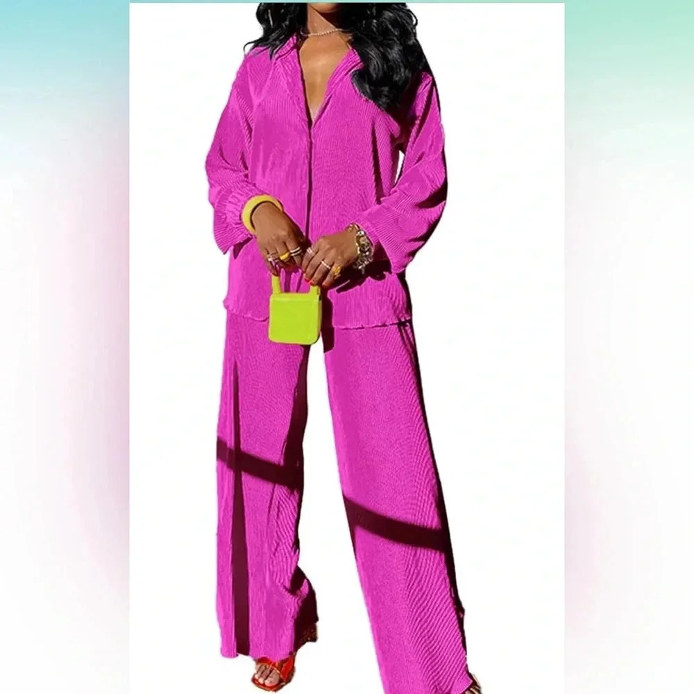 Casual 2 Piece Outfits Long Sleeve Button Down Pleated Shirt Blouse Pants Set